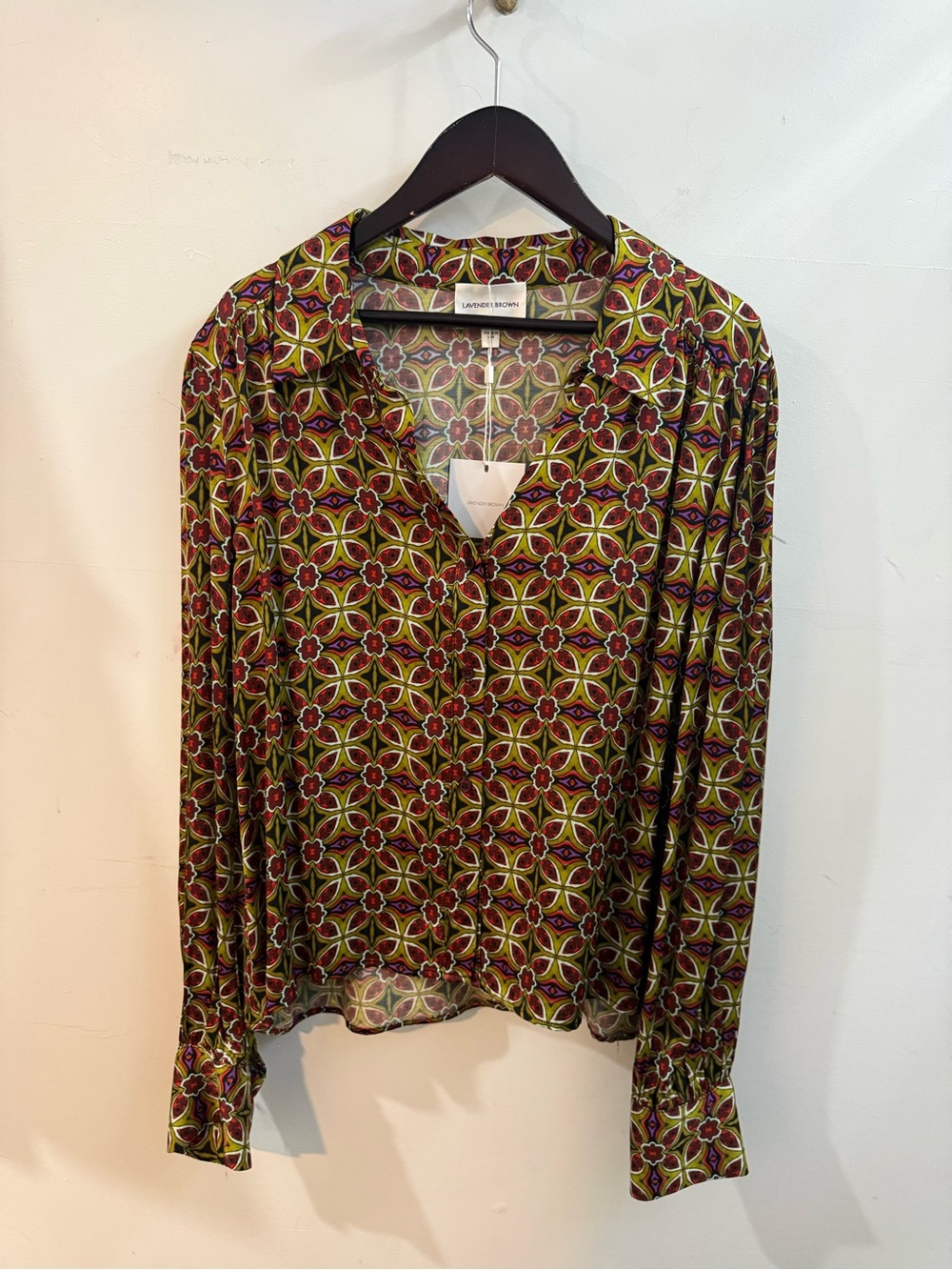 Lavender Brown Alivia - Geometric Print Long-Sleeve Blouse